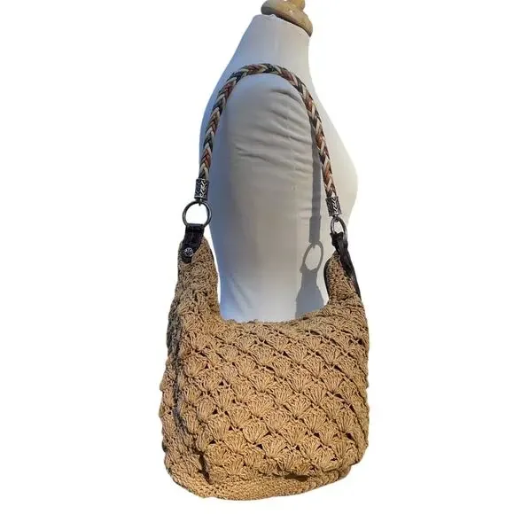 Brighton Straw Crochet Shoulder Bag – Boho Woven Hobo Tote - Picture 15 of 15